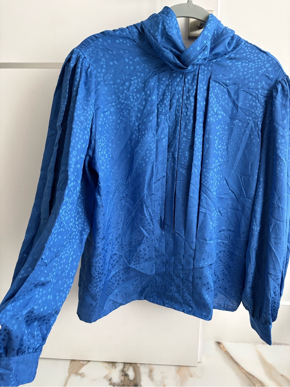 Blue Womens Long-Sleeve Pleated Mock Neck Top